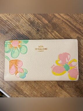 Coach Floral Pebbled Leather Wallet - White with Pink, Mint & Yellow.